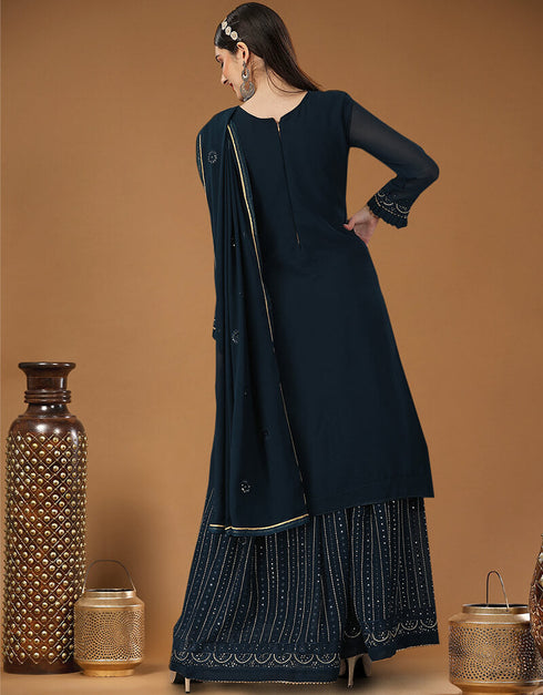Navy Blue Heavy Georgette Lehenga Straight Back View