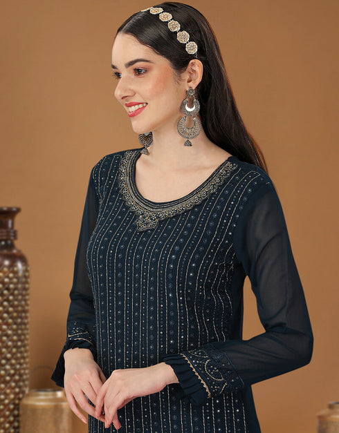 Navy Blue Heavy Georgette Lehenga Straight Salwar Kameez