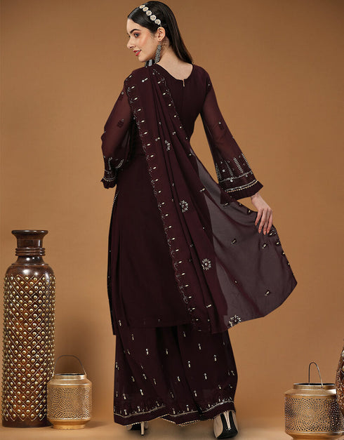 Brown Heavy Georgette Lehenga Straight Back View