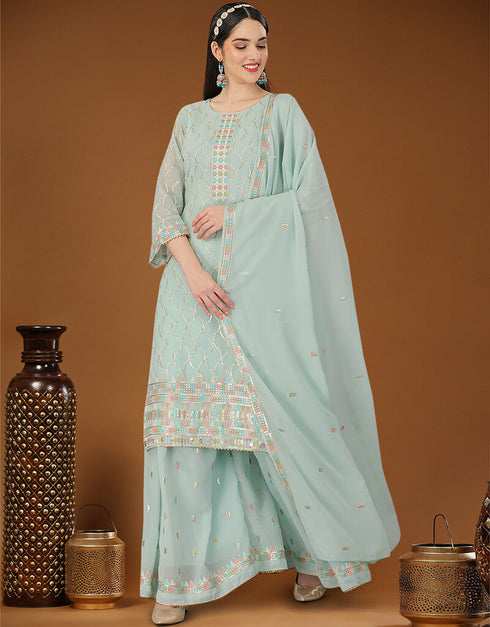 Sky Blue Heavy Georgette Lehenga Straight Closure View