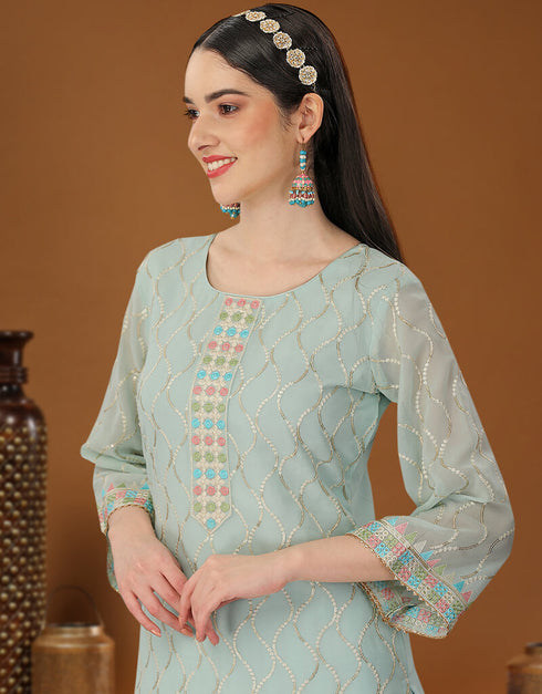 Sky Blue Heavy Georgette Lehenga Straight Salwar Kameez
