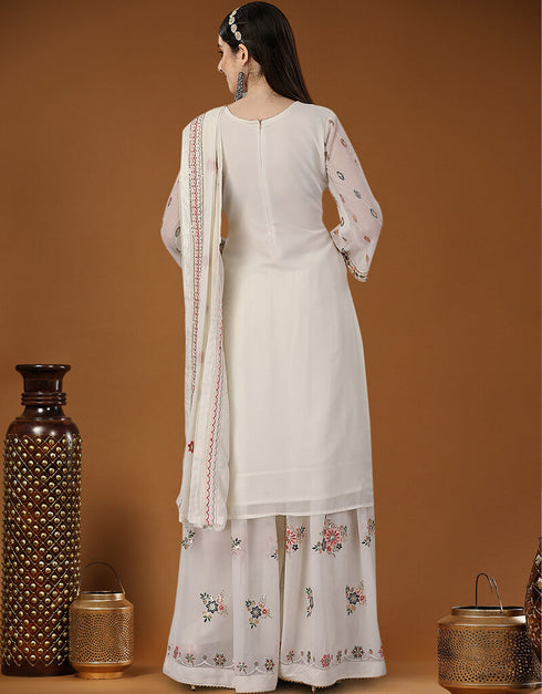 Off White Heavy Georgette Lehenga Straight Back View