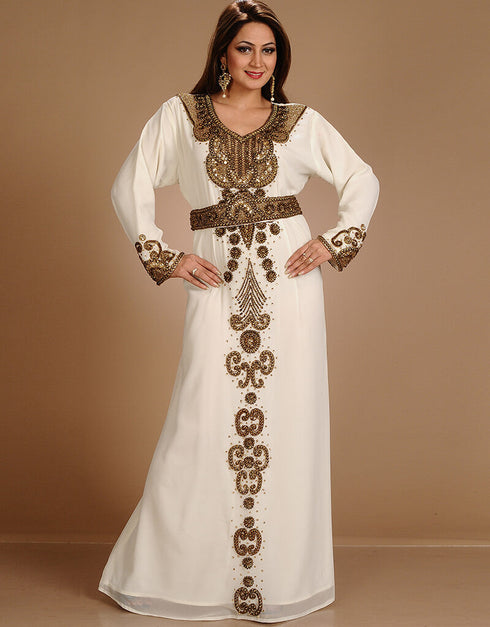 Modest Off White Georgette Hand Embroidery Party Wear Kaftan
