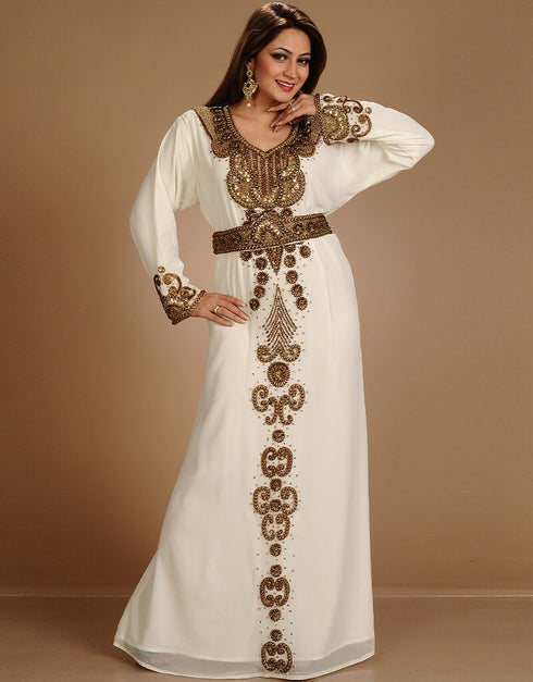Modest Off White Georgette Hand Embroidery Party Wear Kaftan