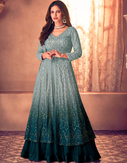 Cool Grey Palazzo style Suit Semi-Stitched Salwar Kameez Salwar Kameez in Embroidery, Sequins & Lace Work