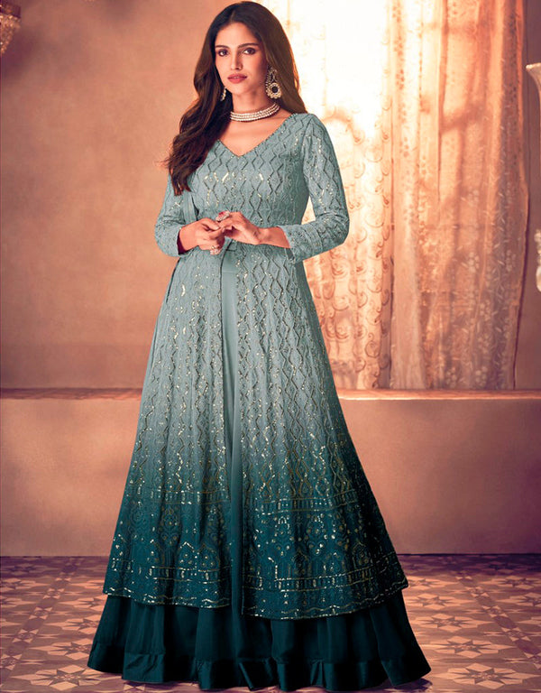 Cool Grey Palazzo style Suit Semi-Stitched Salwar Kameez Salwar Kameez in Embroidery, Sequins & Lace Work
