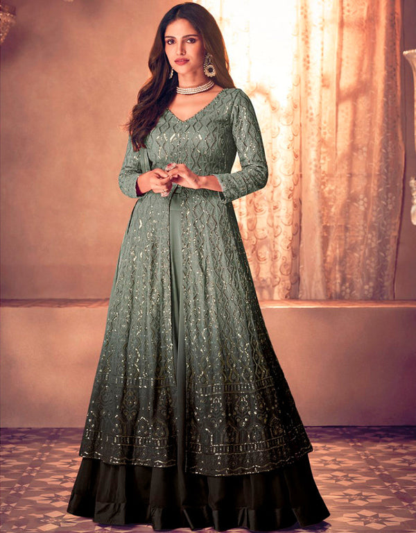 Sage Green Palazzo style Suit Semi-Stitched Salwar Kameez Salwar Kameez in Embroidery, Sequins & Lace Work