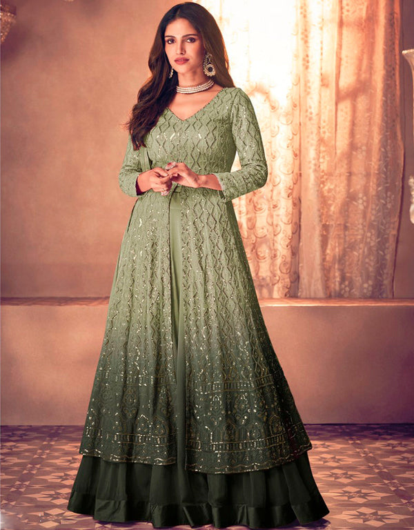 Olive Palazzo style Suit Semi-Stitched Salwar Kameez Salwar Kameez in Embroidery, Sequins & Lace Work