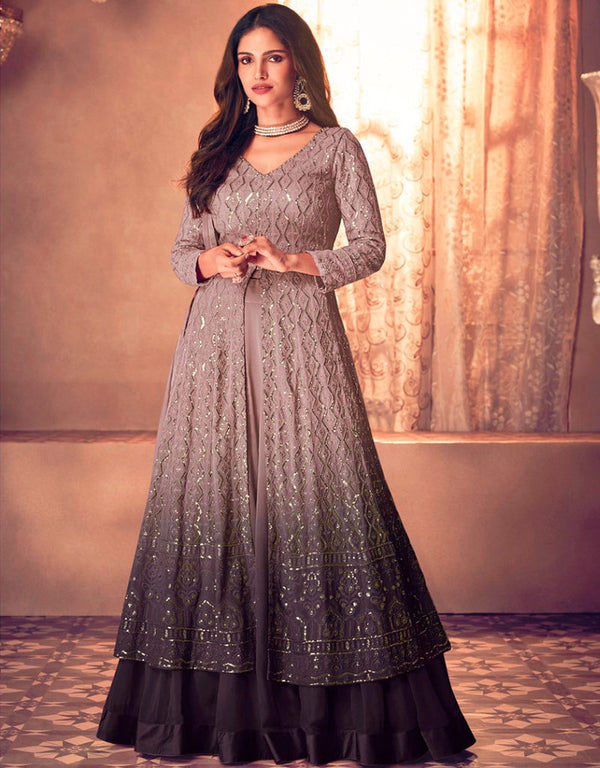 Oriental Pink Palazzo style Suit Semi-Stitched Salwar Kameez Salwar Kameez in Embroidery, Sequins & Lace Work