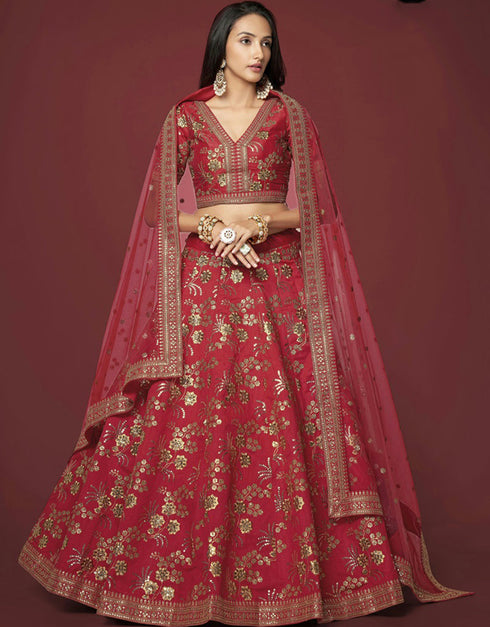 Vivid Burgundy Lehenga style Choli Semi-Stitched Lehenga Choli Salwar Kameez in Zari Embroidery, Sequins, Dori & Lace Work