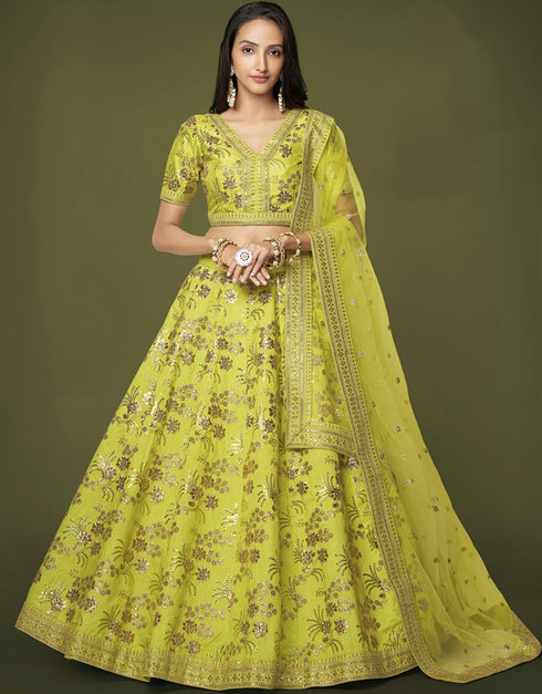 Golden Sand Lehenga style Choli Semi-Stitched Lehenga Choli Salwar Kameez in Zari Embroidery, Sequins, Dori & Lace Work