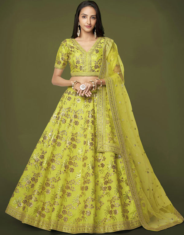 Golden Sand Lehenga style Choli Semi-Stitched Lehenga Choli Salwar Kameez in Zari Embroidery, Sequins, Dori & Lace Work