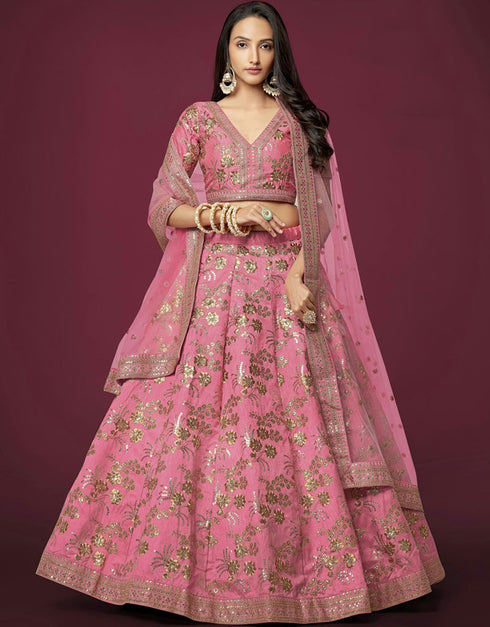 Indian Red Lehenga style Choli Semi-Stitched Lehenga Choli Salwar Kameez in Zari Embroidery, Sequins, Dori & Lace Work
