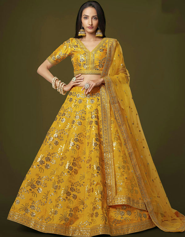 Orange Gold Lehenga style Choli Semi-Stitched Lehenga Choli Salwar Kameez in Zari Embroidery, Sequins, Dori & Lace Work
