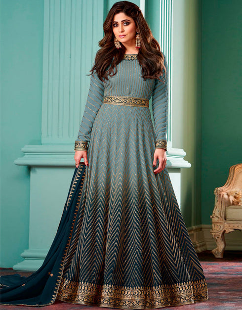 Blue Smoke Pant style Anarkali Semi-Stitched Salwar Kameez Salwar Kameez in Embroidery, Sequins & Lace Work