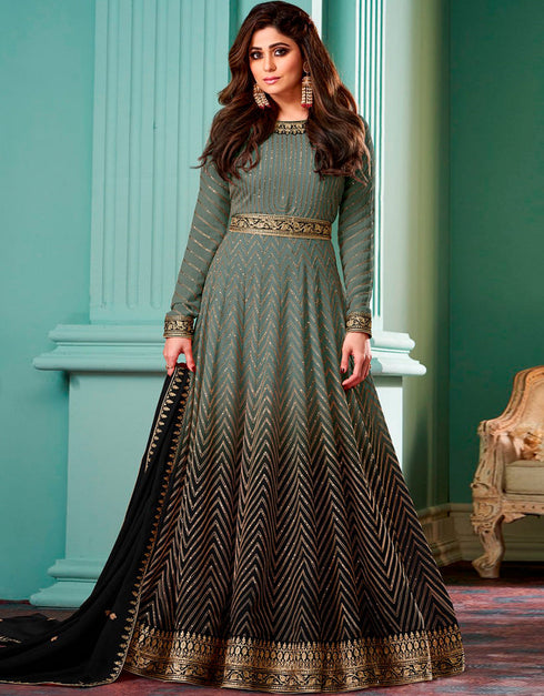 Viridian Green Pant style Anarkali Semi-Stitched Salwar Kameez Salwar Kameez in Embroidery, Sequins & Lace Work
