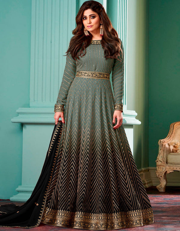 Viridian Green Pant style Anarkali Semi-Stitched Salwar Kameez Salwar Kameez in Embroidery, Sequins & Lace Work