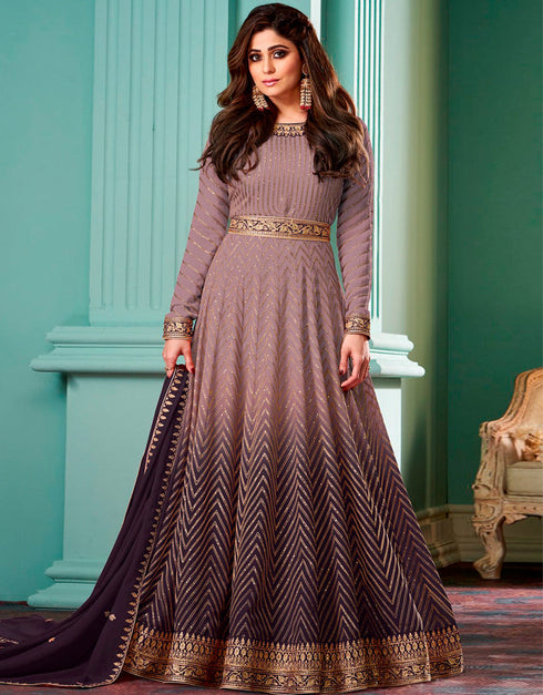 Rosy Brown Pant style Anarkali Semi-Stitched Salwar Kameez Salwar Kameez in Embroidery, Sequins & Lace Work