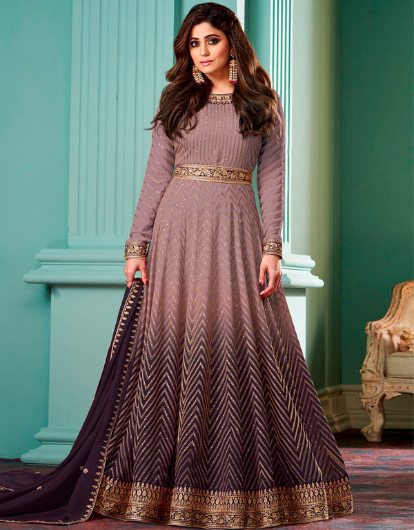Rosy Brown Pant style Anarkali Semi-Stitched Salwar Kameez Salwar Kameez in Embroidery, Sequins & Lace Work