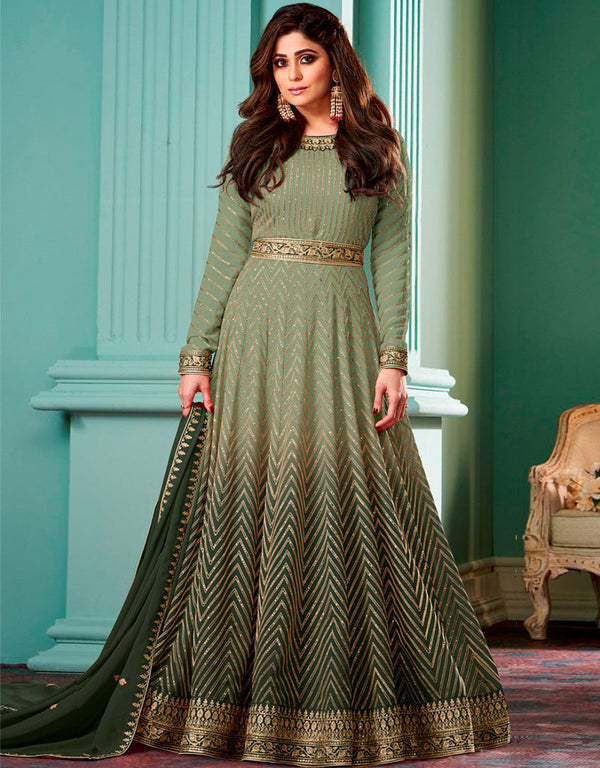 Granite Green Pant style Anarkali Semi-Stitched Salwar Kameez Salwar Kameez in Embroidery, Sequins & Lace Work