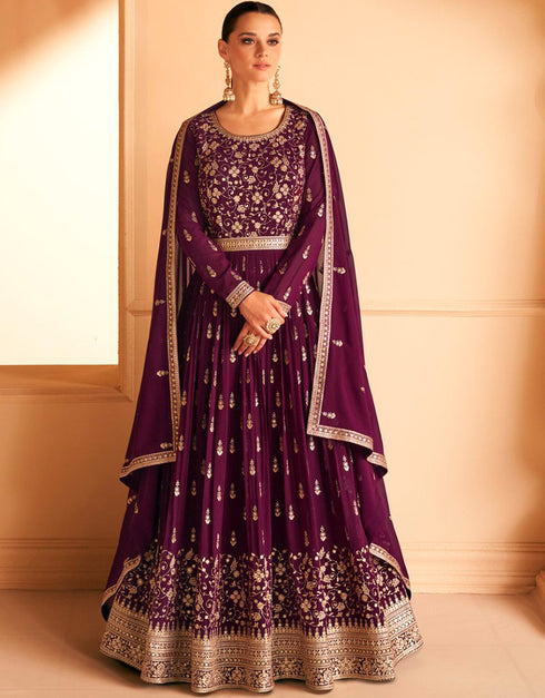 Maroon Oak Pant style Anarkali Semi-Stitched Salwar Kameez Salwar Kameez in Embroidery, Sequins & Lace Work