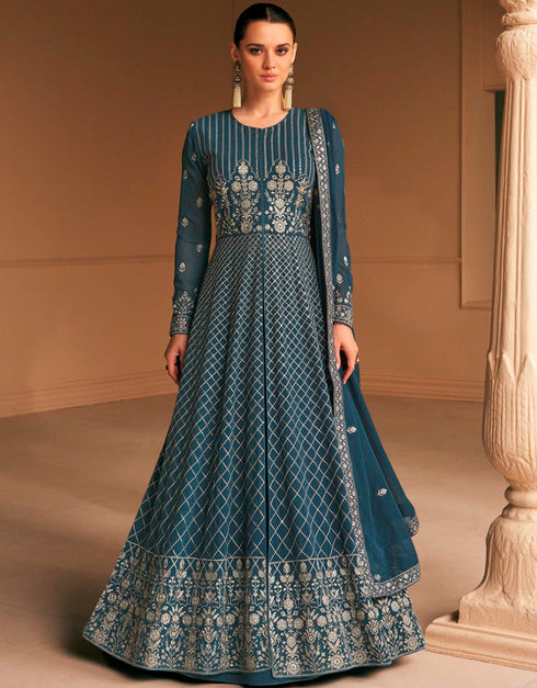 Bluewood Pant style Anarkali Semi-Stitched Salwar Kameez Salwar Kameez in Embroidery, Sequins & Lace Work