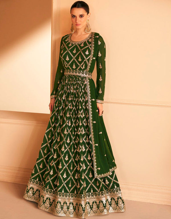 Hunter Green Pant style Anarkali Semi-Stitched Salwar Kameez Salwar Kameez in Embroidery, Sequins & Lace Work
