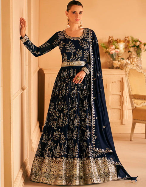 Blue Pant style Anarkali Semi-Stitched Salwar Kameez Salwar Kameez in Embroidery, Sequins & Lace Work