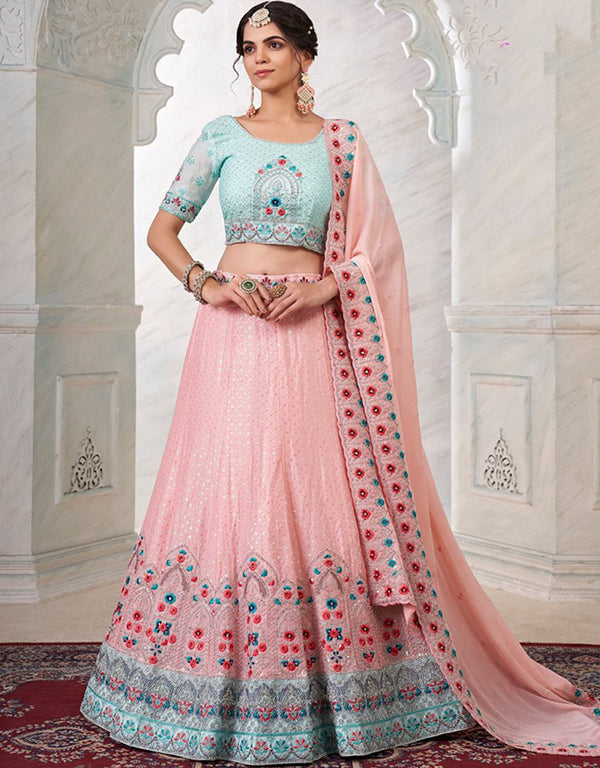 Oyster Pink Lehenga style Choli Semi-Stitched Lehenga Choli Salwar Kameez in Embroidery, Sequins, Dori & Lace Work