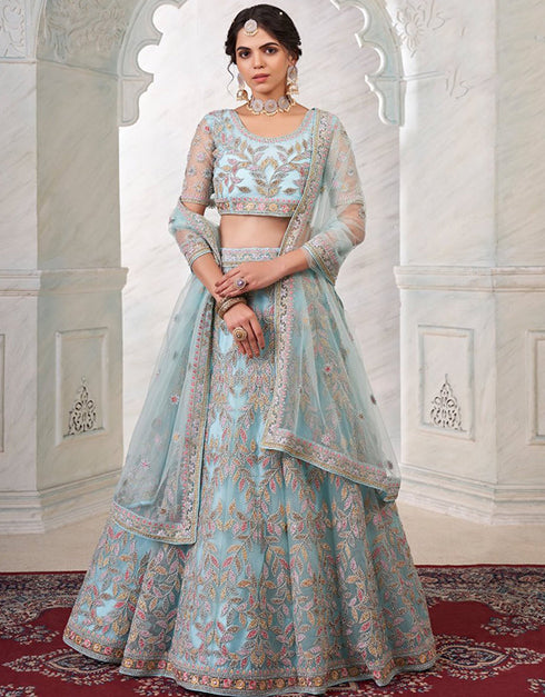 Pale Blue Lehenga style Choli Semi-Stitched Lehenga Choli Salwar Kameez in Embroidery, Sequins, Dori & Lace Work