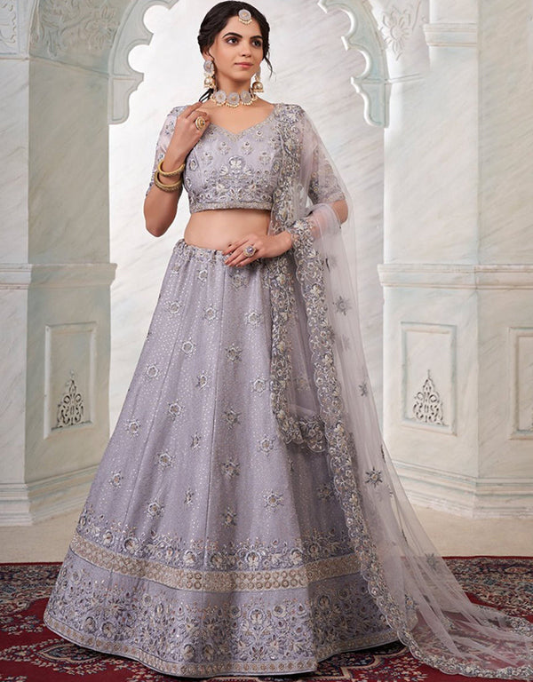 Pale Silver Lehenga style Choli Semi-Stitched Lehenga Choli Salwar Kameez in Embroidery, Sequins, Dori & Lace Work