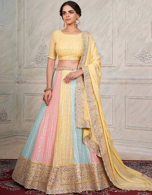 Pale Peach Lehenga style Choli Semi-Stitched Lehenga Choli Salwar Kameez in Embroidery, Sequins, Dori & Lace Work