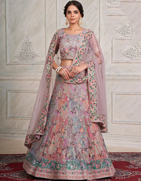 Pastel Purple Lehenga style Choli Semi-Stitched Lehenga Choli Salwar Kameez in Embroidery, Sequins, Dori & Lace Work