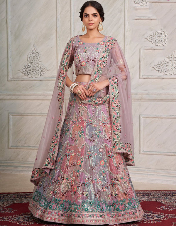 Pastel Purple Lehenga style Choli Semi-Stitched Lehenga Choli Salwar Kameez in Embroidery, Sequins, Dori & Lace Work