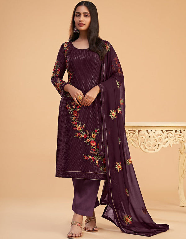 Wine Berry Pant style Straight Georgette Salwar Kameez in Embroidery, Sequins & Lace Work