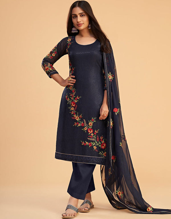 Dark Blue Pant style Straight Georgette Salwar Kameez in Embroidery, Sequins & Lace Work