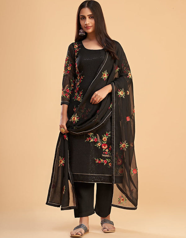 Woody Brown Pant style Straight Georgette Salwar Kameez in Embroidery, Sequins & Lace Work