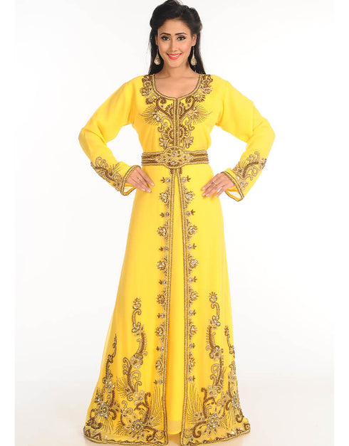 Islamic Yellow Georgette Hand Embroidery Party Wear Kaftan