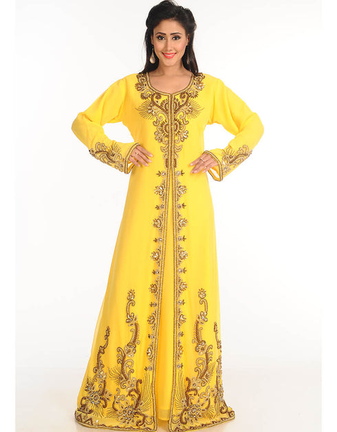Islamic Yellow Georgette Hand Embroidery Party Wear Kaftan