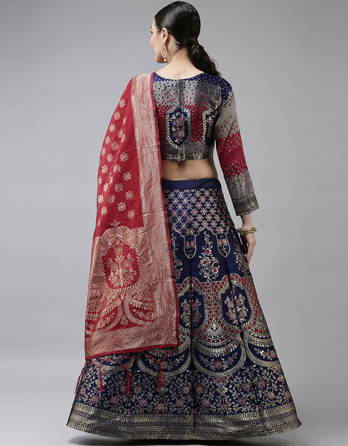 Navy Blue Banarasi Silk Jacquard Lehenga Choli Closure View