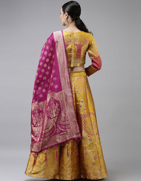 Yellow Banarasi Silk Jacquard Lehenga Choli Closure View