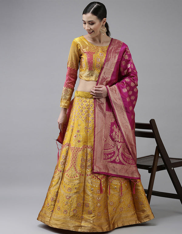 Yellow Banarasi Silk Jacquard Lehenga Choli