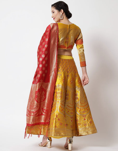 Yellow Banarasi Silk Jacquard Lehenga Choli Closure View