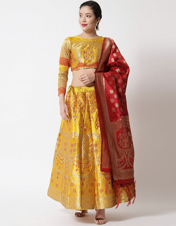 Yellow Banarasi Silk Jacquard Lehenga Choli