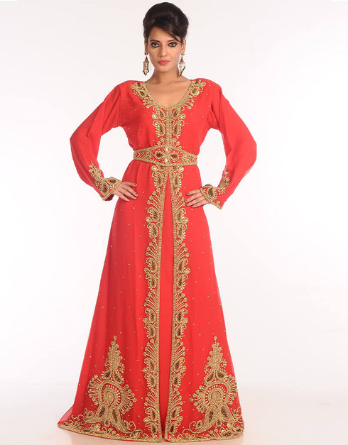 Arabic Red Georgette Hand Zari Embroidery Kaftan