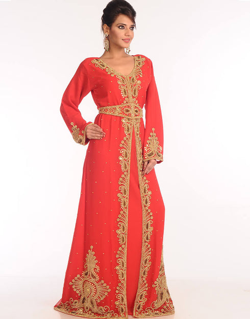 Arabic Red Georgette Hand Embroidery Party Wear Kaftan