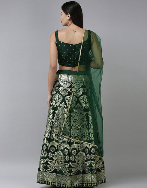 Green Banarasi Silk Jacquard Lehenga Choli Closure View