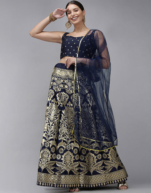 Navy Blue Banarasi Silk Jacquard Lehenga Choli