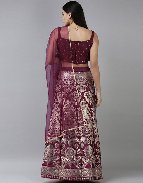 Wine Banarasi Silk Jacquard Lehenga Choli Closure View