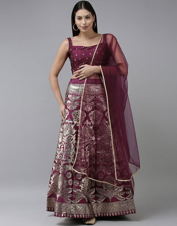Wine Banarasi Silk Jacquard Lehenga Choli
